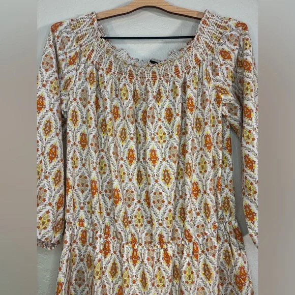 Sanctuary Elle Off Shoulder Boho Orange and Cream Print Dress Size L - Picture 6 of 12